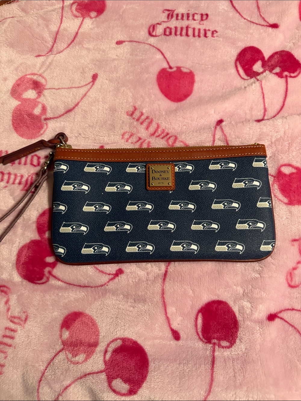 Dooney & Bourke Navy and Tan Seattle Seahawks Wristlet